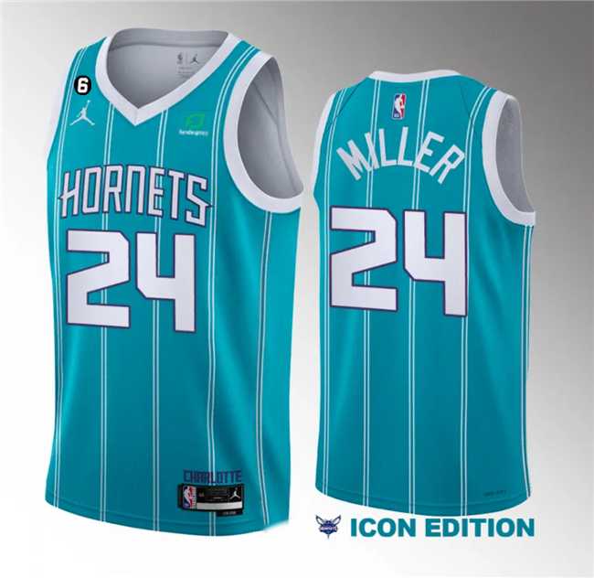 Mens Charlotte Hornets #24 Brandon Miller Blue 6 Patch Sponsor 2023 Icon Edition Stitched Jersey Dzhi